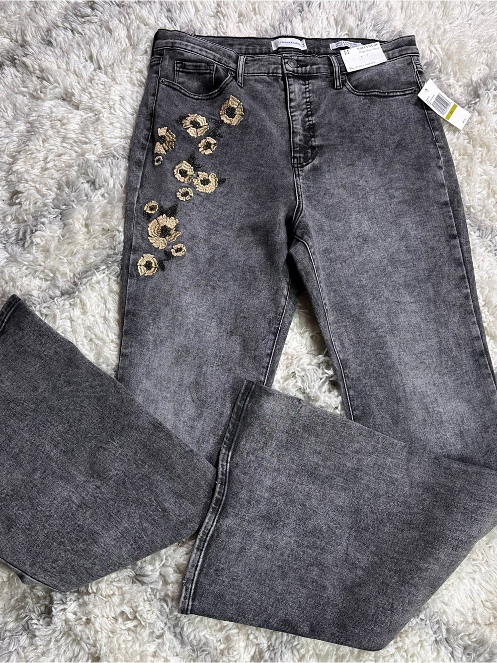 Jessica Simpson High-Rise Gray Jeans with Gold Floral Embroidery